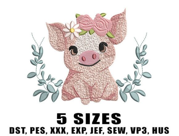 Floral Baby Pig Embroidery Design